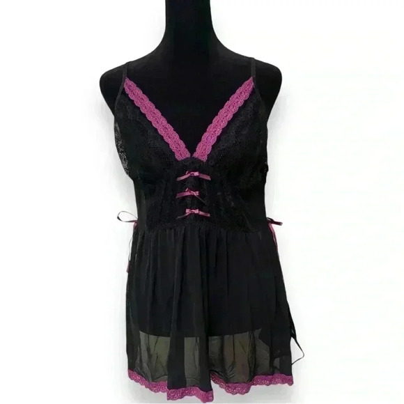 NWT Adore me Black and Purple Mesh Side Slit Babydoll Nightie with Black Panties